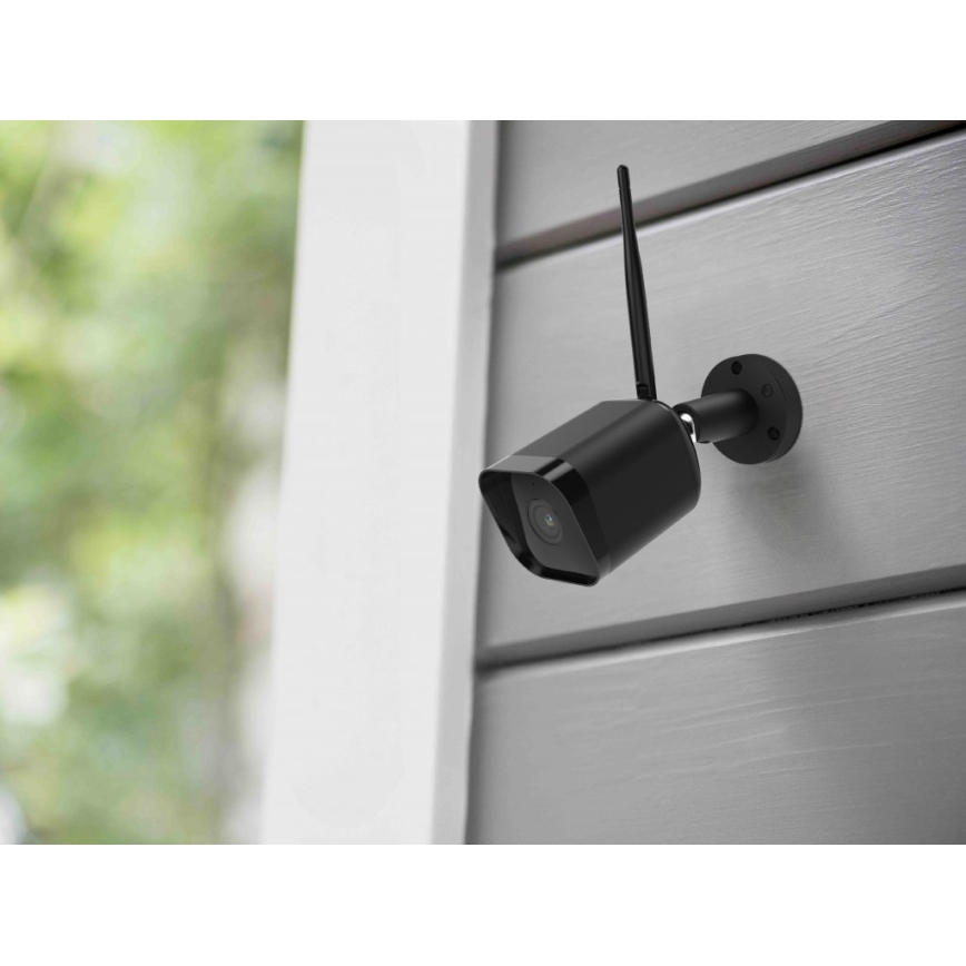 Cámara exterior inteligente con sensor Full HD 1080p, alimentación 12 V, protección IP65, Wi‑Fi y compatible con Tuya, color negro
