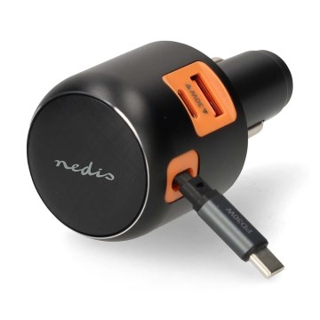 Cargador para automóvil con cable retráctil, Power Delivery 30 W, 2x USB-C + 1x USB-A