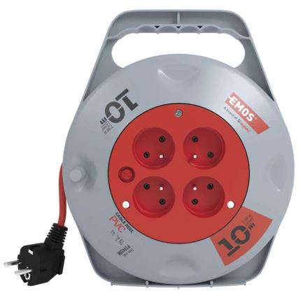 Carrete con cable de extensión de 10 m, 4 tomas, gris/rojo