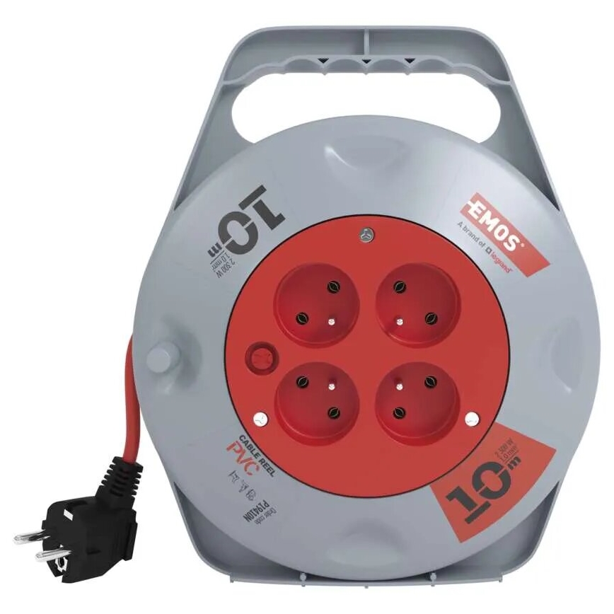 Carrete con cable de extensión de 10 m, 4 tomas, gris/rojo