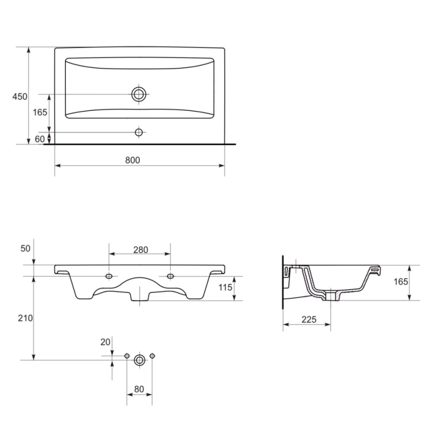 Cersanit K32-004-BOX - Lavabo COMO para encimera/suspendido 45x80 cm, cerámica, blanco brillante