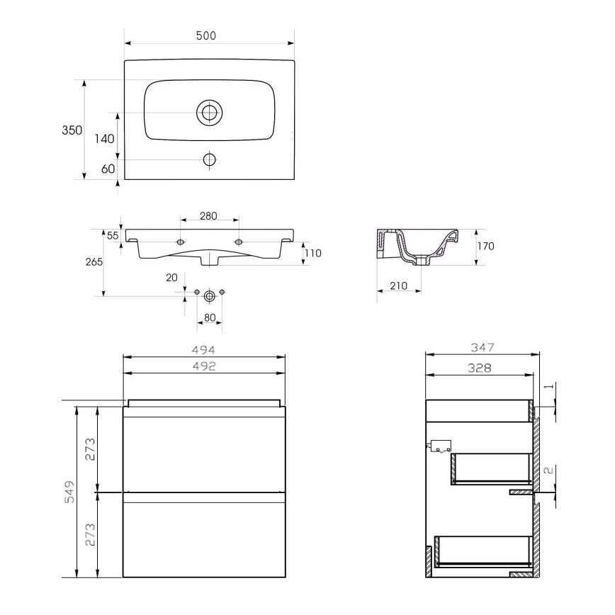 Cersanit S801-229-DSM - Mueble de baño suspendido con lavabo MODUO SLIM 50x35 cm blanco brillante