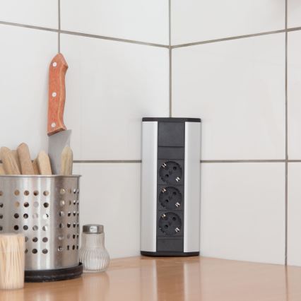 Columna de enchufes para esquina, 3 tomas de 230 V, negro/plateado
