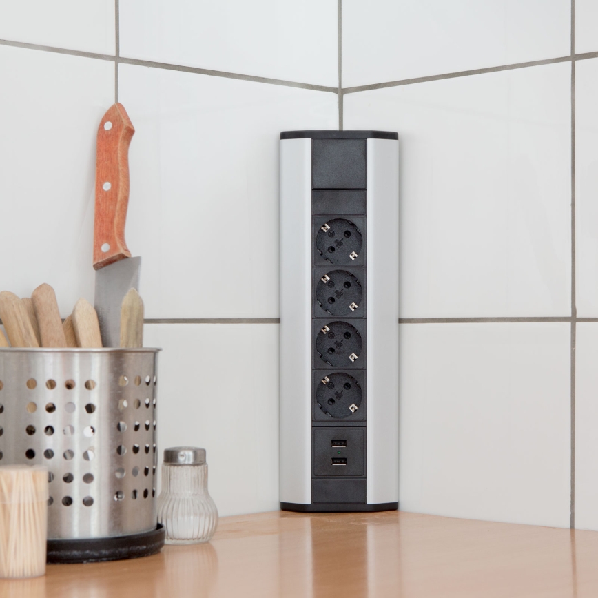 Columna de enchufes para esquina 4x230 V + 2x USB-A negro/plateado