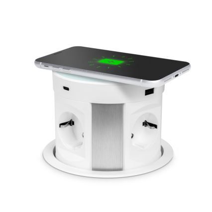 Columna de enchufes para tablero de mesa con carga inalámbrica 4x 230 V + 2x USB-A + 2x USB-C blanca