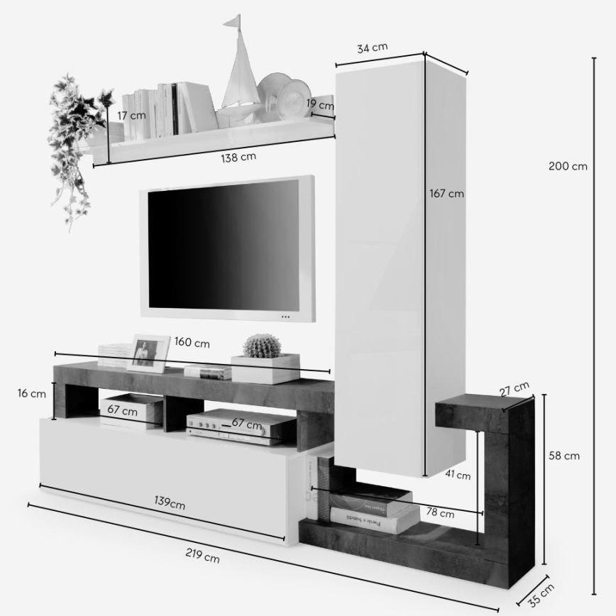 Composición de salón LENOR blanco/gris efecto hormigón