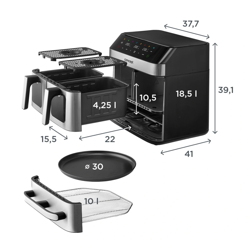 Concept FR9000 - Freidora de aire PIZZA TRIO 18,5 l 2700W/230V acero inoxidable/negro