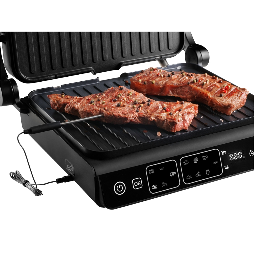 Concept ge3600 - Grill de contacto con sonda de temperatura GLASS 2000W/230V negro