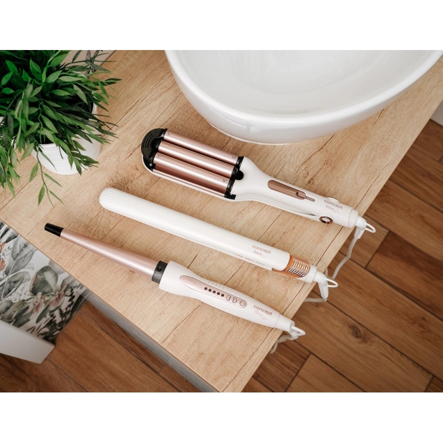 Concept KK2125 - Rizador cónico para cabello GLAM STYLE 42W/230V blanco/oro rosa