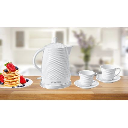 Concept RK0040 - Hervidor eléctrico 1,5 l 1500 W/230 V blanco/cerámica + 2 tazas con platillos