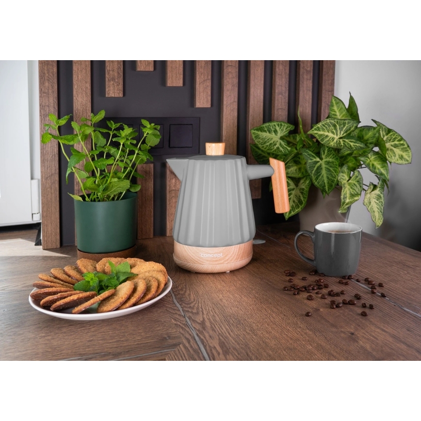 Concept RK0092 - Hervidor eléctrico 1,5 l 1500W/230V gris oscuro/acabado en madera/cerámica