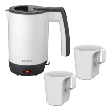 Concept RK7030 - Hervidor eléctrico de viaje 0,5 l 1080W/230V gris/blanco + 2 tazas
