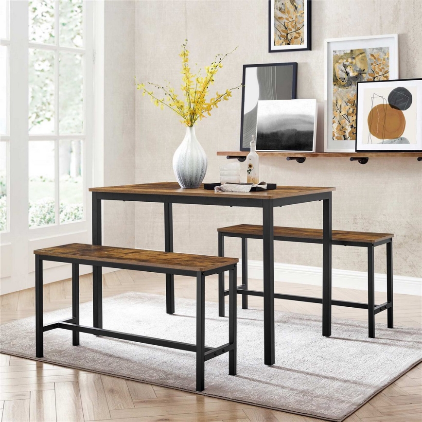 Conjunto Mesa de bar 110x70 cm + 2x bancos 97x30 cm TREVOR marrón/negro