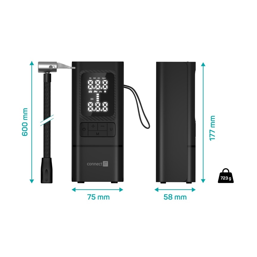 CONNECT IT CFF-4500-BK - Compresor digital de bolsillo AirFlow 80W/6000 mAh negro