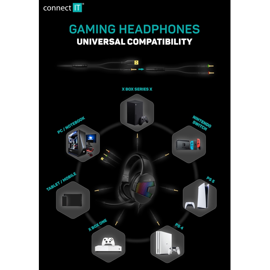 CONNECT IT CHP-3595-WH - LED RGB Auriculares gaming con cable con un micrófono blanco/negro