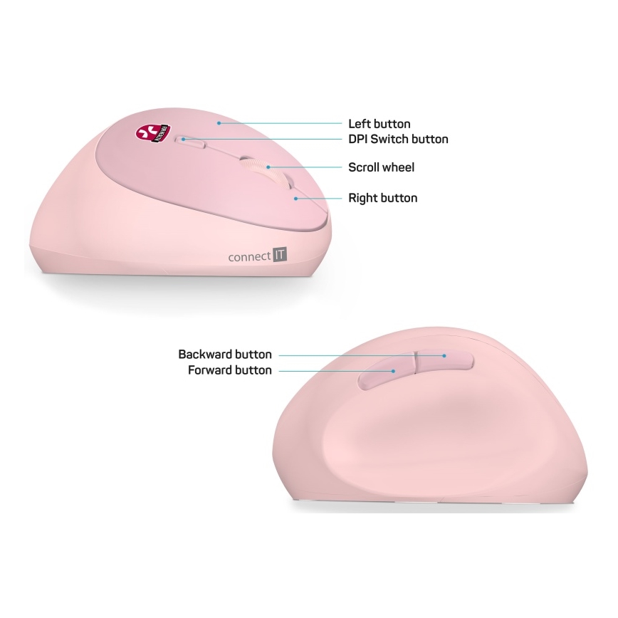 CONNECT IT CMO-2600-PK - Ratón inalámbrico ergonómico 800/1200/1600 DPI, 1 pila AA, color rosa