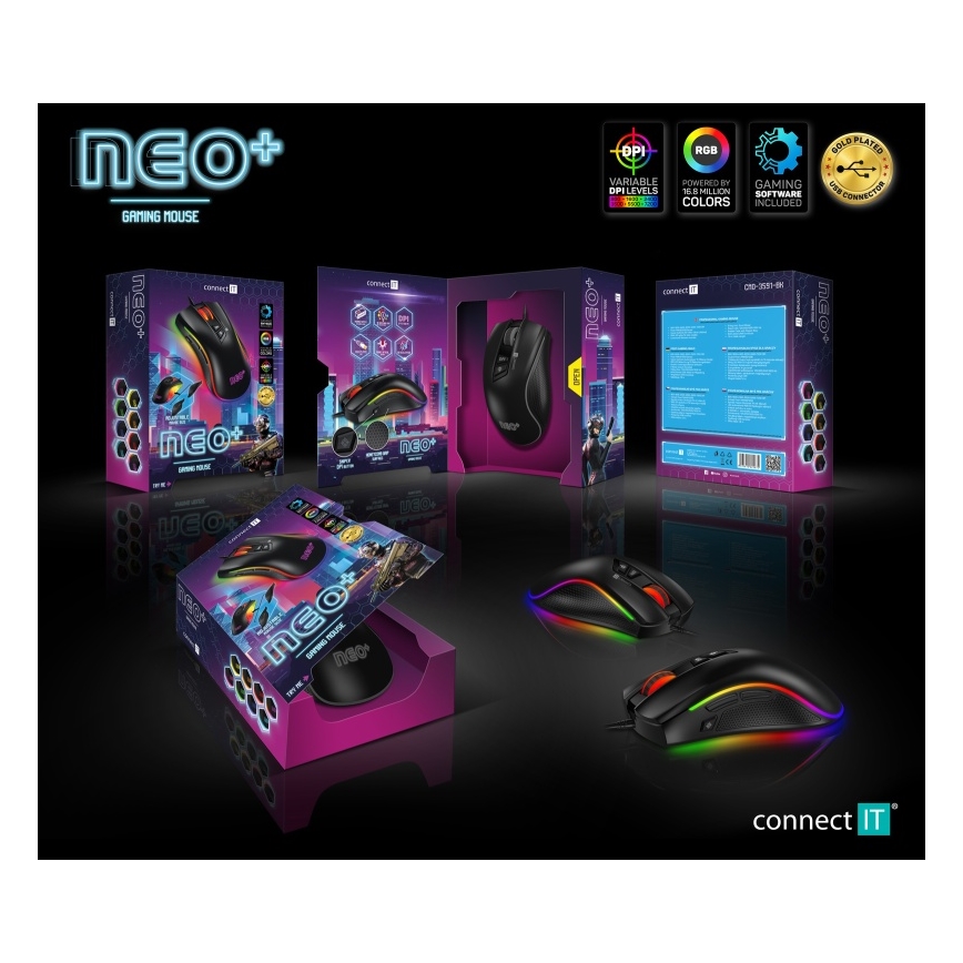 CONNECT IT CMO-3591-BK - Ratón gaming con cable LED RGB 500-7200 DPI negro