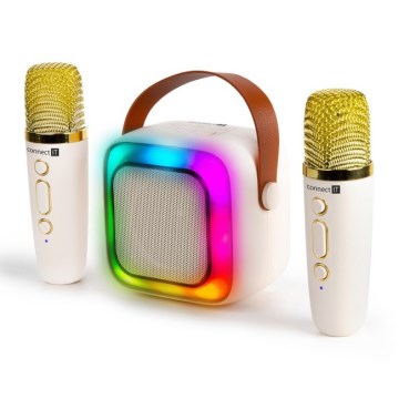 CONNECT IT CSP-1010-BG - Altavoz LED RGB con 2 micrófonos inalámbricos 5W/1200 mAh + 2x 400 mAh crema/dorado