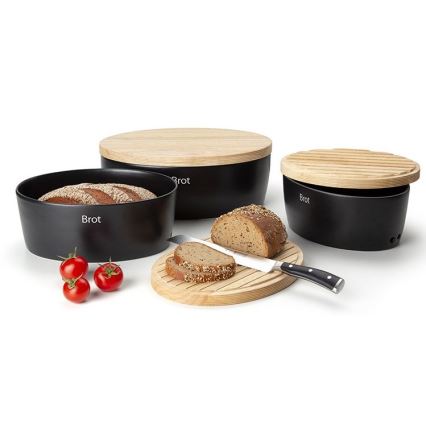 Continenta C3730 - Panera con tapa 30x23 cm negra/madera de caucho