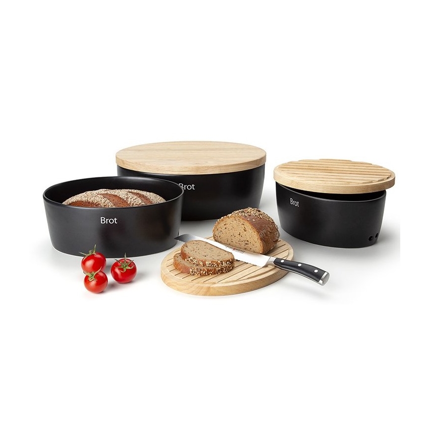 Continenta C3730 - Panera con tapa 30x23 cm negra/madera de caucho