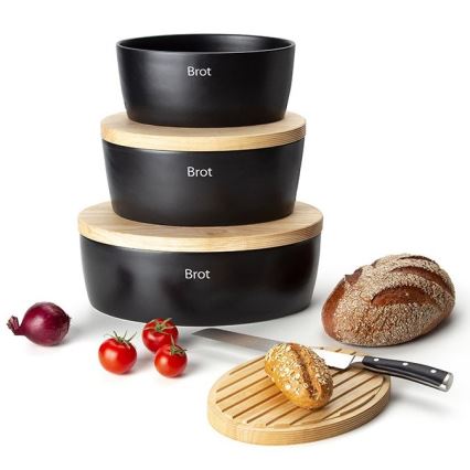 Continenta C3730 - Panera con tapa 30x23 cm negra/madera de caucho