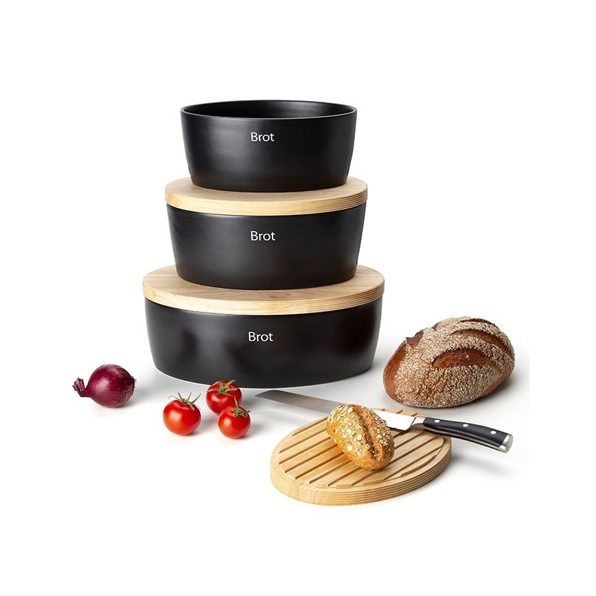 Continenta C3730 - Panera con tapa 30x23 cm negra/madera de caucho