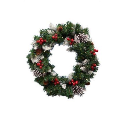 Corona navideña LED, 35 LED, alimentada por 3 pilas AA, 8 funciones, Ø 45 cm, IP44, blanco cálido