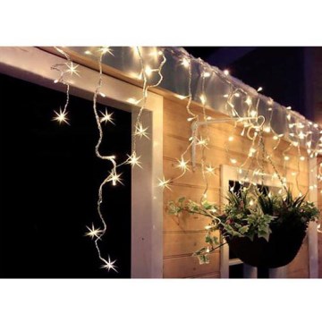 Cortina de luces LED navideña para exteriores, 120 LEDs/8 funciones, 9 m, IP44, blanco cálido
