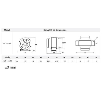 Dalap 24MF100 - Ventilador de conducto con motor de bajo consumo y regulador de velocidad MF 100 EC 18W/230V