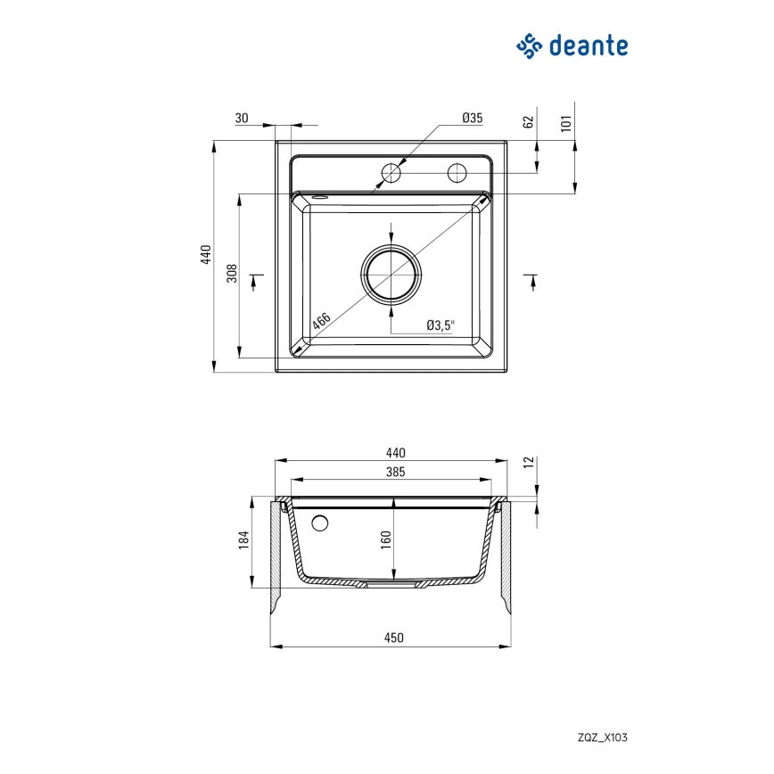 Deante ZQZ_T103 - Fregadero de cocina ZORBA 44x44 cm granito/antracita