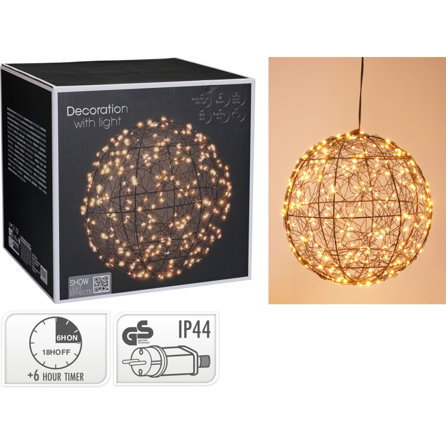 Decoración navideña LED para exterior 300 x LED/230 V Ø 25 cm IP44 blanco cálido, esfera negra