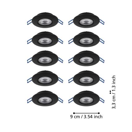 Eglo - Pack de 10 luminarias empotrables LED, 4,9 W, 230 V, selección de temperatura 2700/4000/6500 K, Ø 9 cm, negro