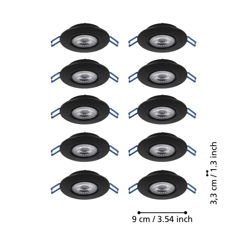 Eglo - Pack de 10 luminarias empotrables LED, 4,9 W, 230 V, selección de temperatura 2700/4000/6500 K, Ø 9 cm, negro