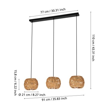 Eglo - Lámpara colgante con cable 3xE27/40W/230V marrón