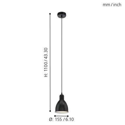 Eglo 55243 - Lámpara colgante PRIDDY con cable 1xE27/60W/230V, negra