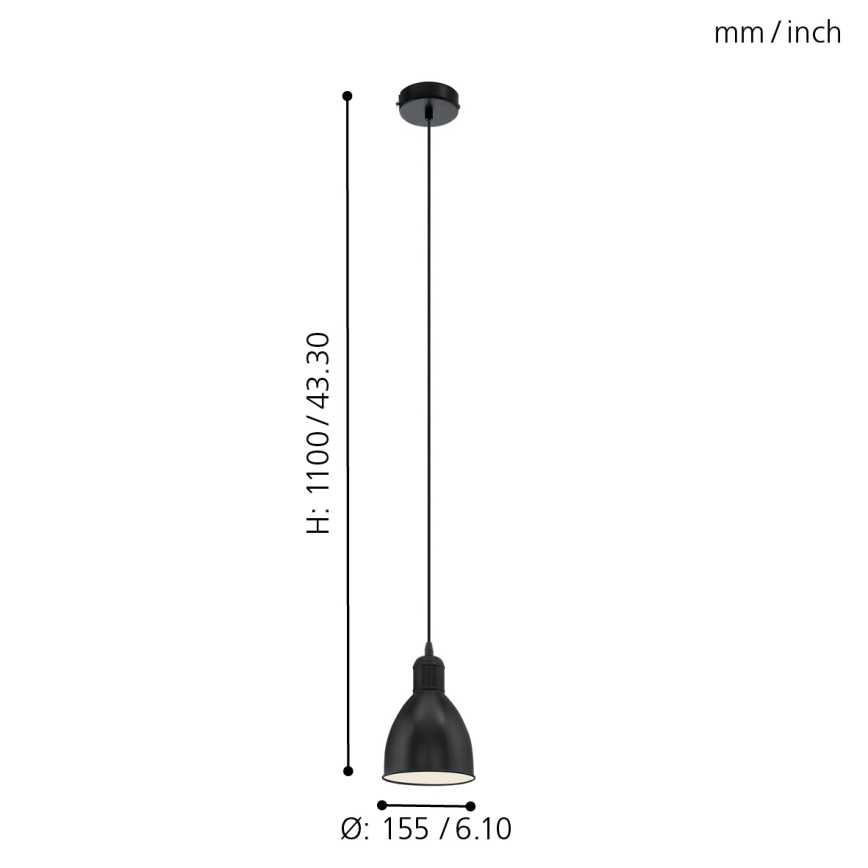 Eglo 55243 - Lámpara colgante PRIDDY con cable 1xE27/60W/230V, negra