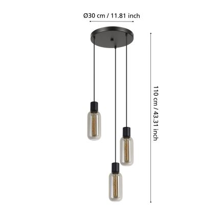 Eglo - Lámpara colgante con cable 3xE27/4W/230V negro/ahumado