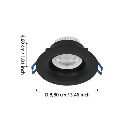 Eglo - Luminaria empotrada LED para baño LED/4,9W/230V 2700/4000/6500K Ø 8,8 cm IP65 negra