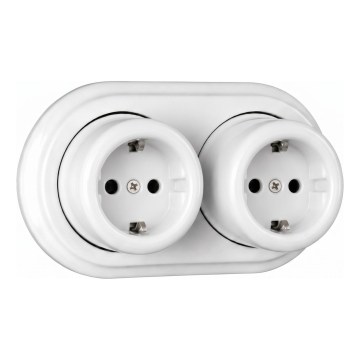 Elhard - Doble toma de corriente de pared retro en cerámica con marco SCHUKO 230 V, blanco