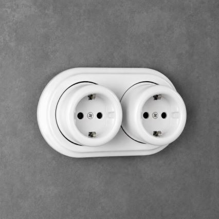 Elhard - Doble toma de corriente de pared retro en cerámica con marco SCHUKO 230 V, blanco