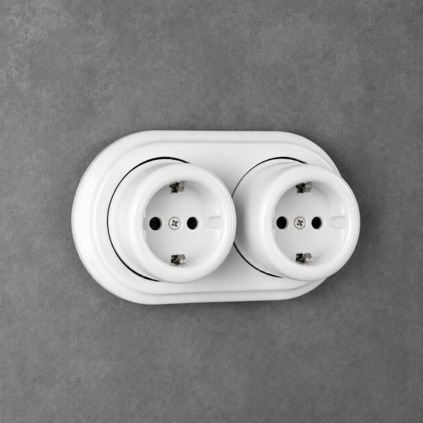 Elhard - Doble toma de corriente de pared retro en cerámica con marco SCHUKO 230 V, blanco