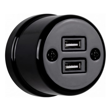 Elhard - Enchufe de pared cerámico estilo retro con 2x USB-A, negro