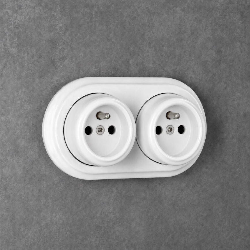 Elhard - Enchufe de pared doble de cerámica estilo retro para uso doméstico con marco 230V blanco
