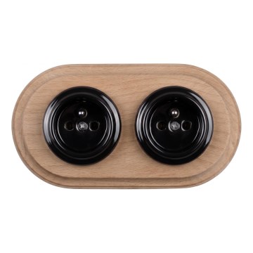 Elhard - Enchufe doble cerámico de estilo retro para uso doméstico con marco 230V, negro/madera clara