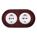 Elhard - Enchufe doble cerámico retro de pared para uso doméstico con marco SCHUKO 230V, blanco/madera oscura