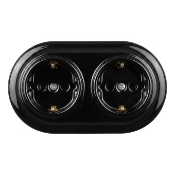 Elhard - Enchufe doble de cerámica de estilo retro para el hogar con marco SCHUKO 230V negro