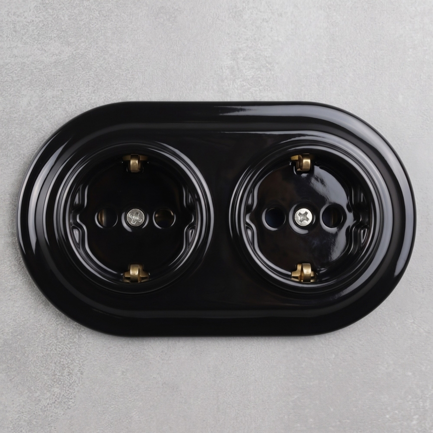Elhard - Enchufe doble de cerámica de estilo retro para el hogar con marco SCHUKO 230V negro