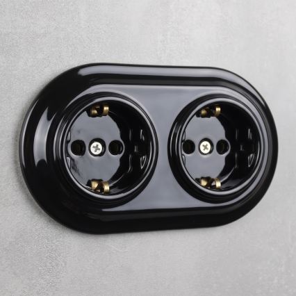 Elhard - Enchufe doble de cerámica de estilo retro para el hogar con marco SCHUKO 230V negro