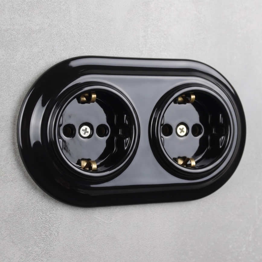 Elhard - Enchufe doble de cerámica de estilo retro para el hogar con marco SCHUKO 230V negro
