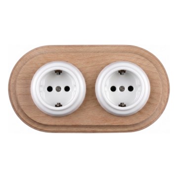 Elhard - Enchufe doble de cerámica estilo retro para uso doméstico con marco SCHUKO 230V blanco/madera clara